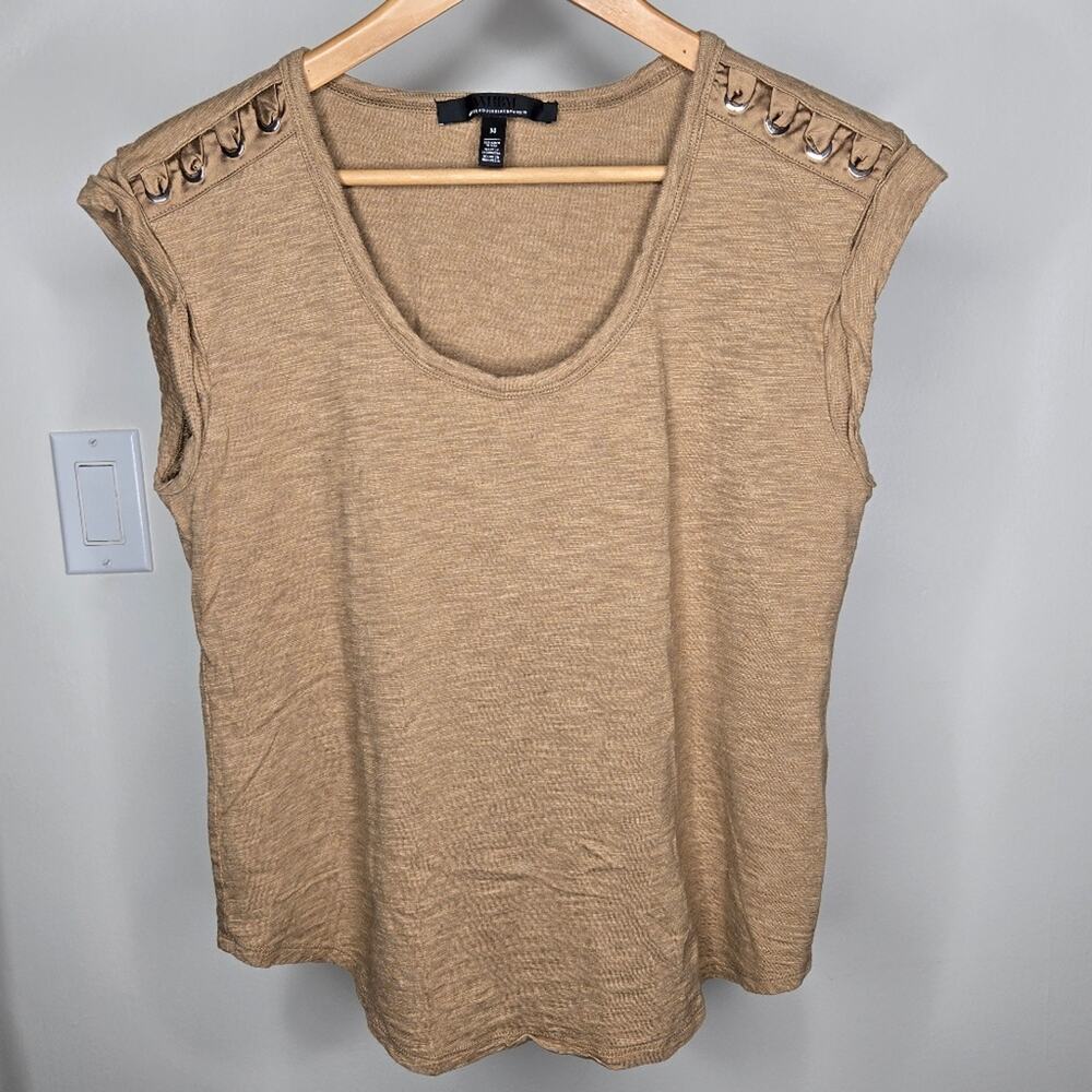 WHBM Tan Short Sleeve Top w/ Ribbon Grommet Detail at Shoulder Scoop Neck Size M